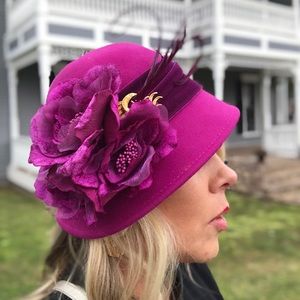 Genuine 100% Wool Magenta Victorian Feather Hat